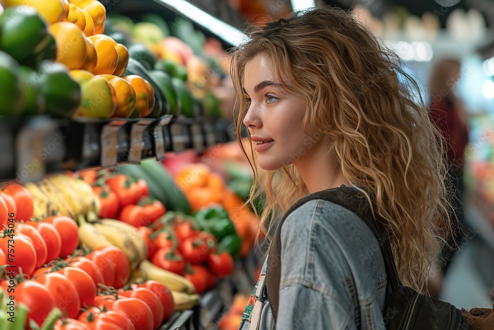 A shopper carefully examining the quality of fresh fruits and vegetables