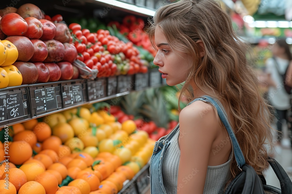 A shopper carefully examining the quality of fresh fruits and vegetables