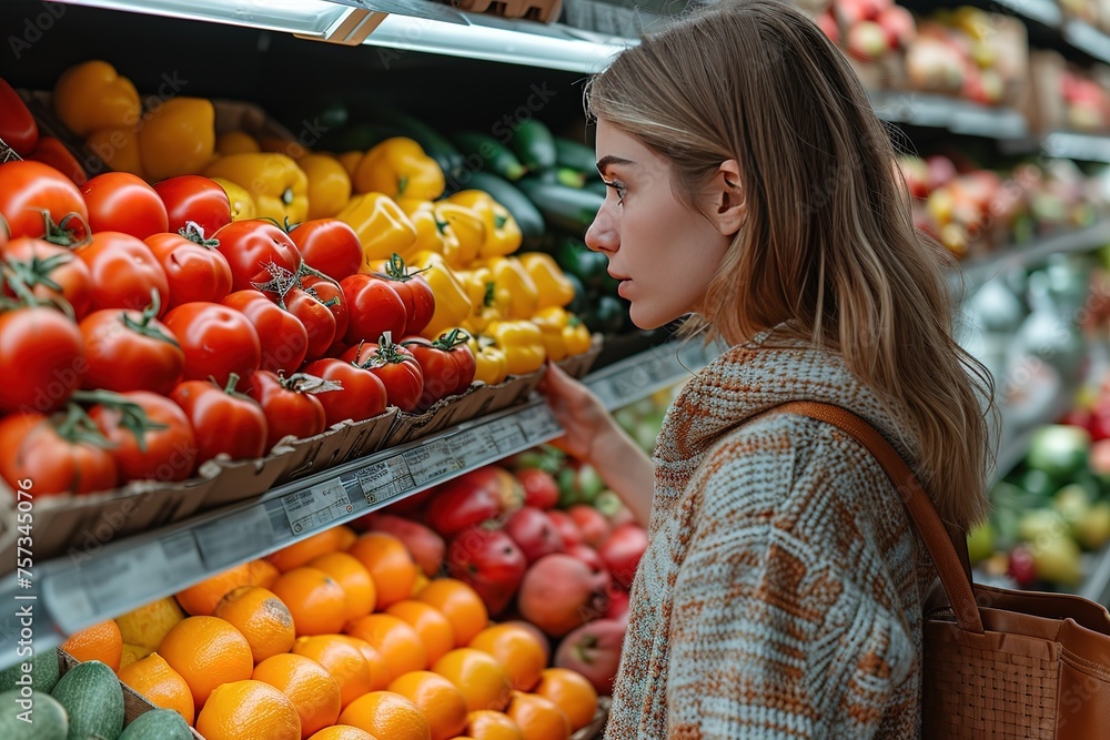 A shopper carefully examining the quality of fresh fruits and vegetables A shopper carefully examining the quality of fresh fruits and vegetables