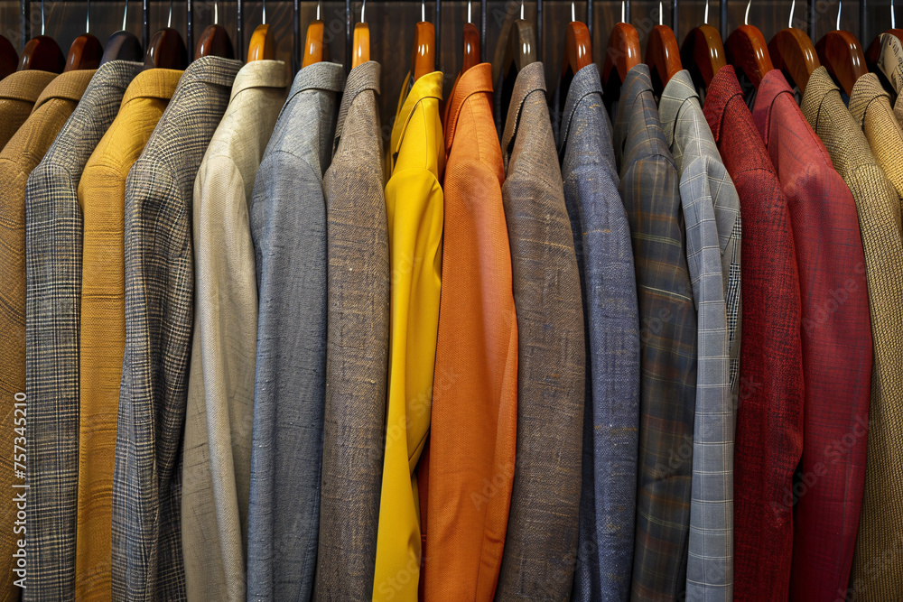Row of men's suits on hangers in warm earth tones Row of men's suits on hangers in warm earth tones