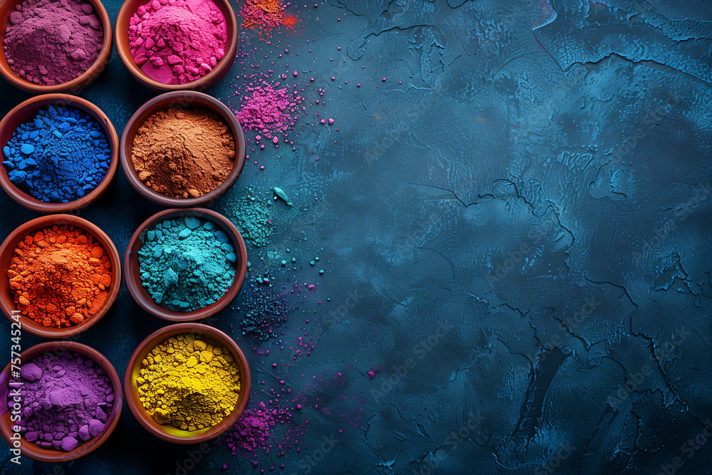 Various bowls filled with vibrant colored powders, resembling the joyful celebration of the Holi Festival of Colors, copy space - obrazy, fototapety, plakaty 