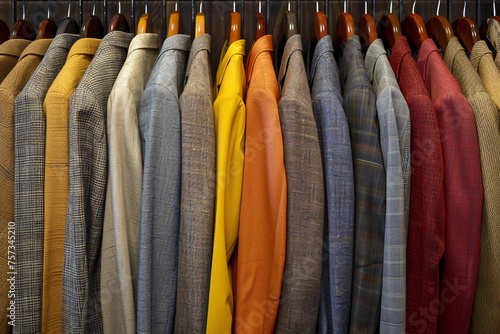 Row of men's suits on hangers in warm earth tones