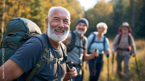 cheerful older man with a beard leads a group of fellow hikers on a sunny trail, all wearing backpacks and outdoor gear. photo