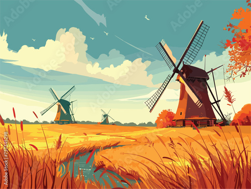 Two windmills stand tall in a field under the wide open sky