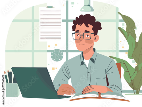 Whitecollar worker engrossed in job, drawing on laptop and book