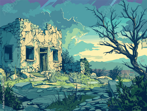 Artistic painting of a tree in front of an abandoned building