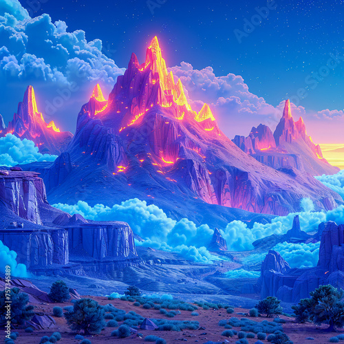 A towering animated mountain range borders a lively desert each peak glowing with its own vibrant hue creating a backdrop for 3D cartoon explorers on a quest photo