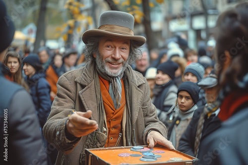 A street magician entertaining a crowd of shoppers with tricks