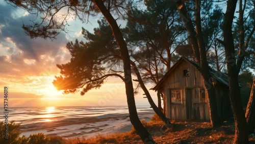 little house at sunset  on the beach with tree landscape photo