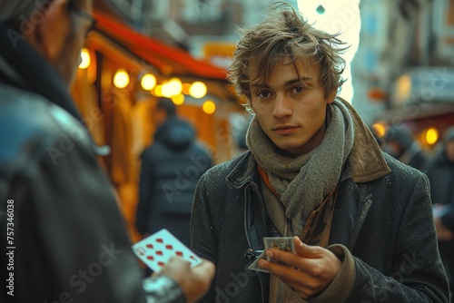 A street magician performing card tricks with astonishing sleight of hand