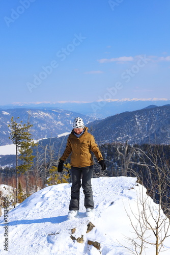 MOUNT KOKUYA, ALTAI, RUSSIA - 09 MARCH 2024: Mount Kokuya is an ideal location for winter sports. Views of the ski resort Teletski. Ski resort is located near Lake Teletskoye. 
