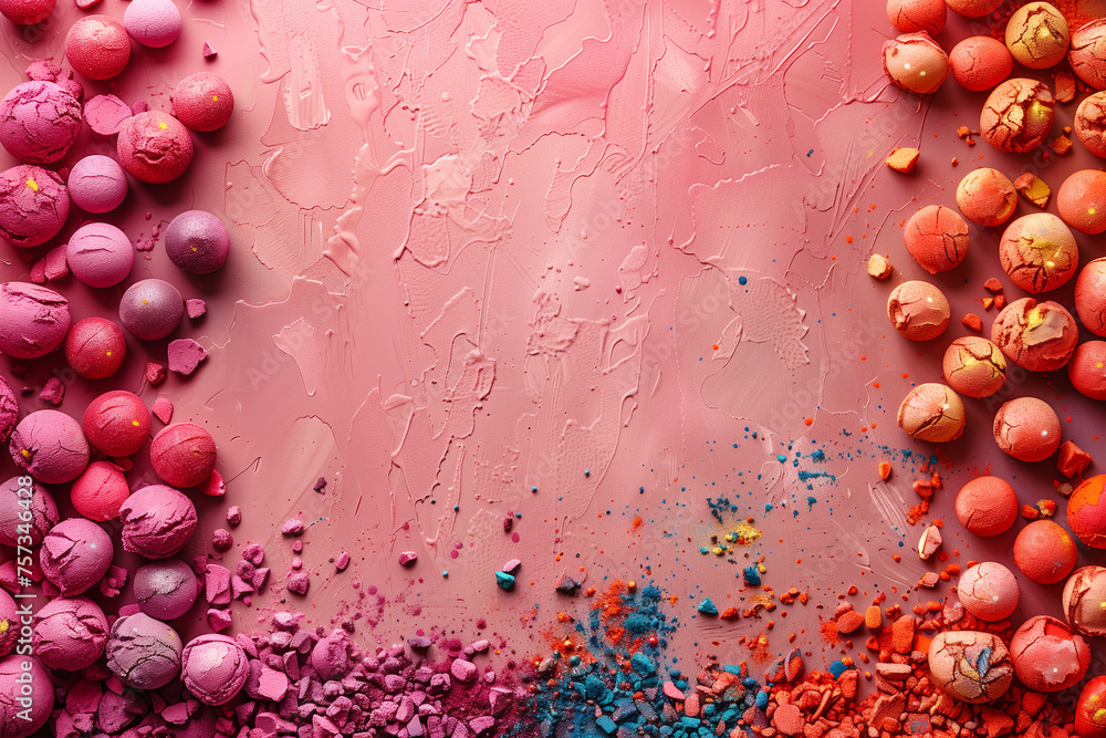 A group of different colored foods arranged on a table, showcasing a variety of textures and flavors, Holi Festival of Colors, peach copy space