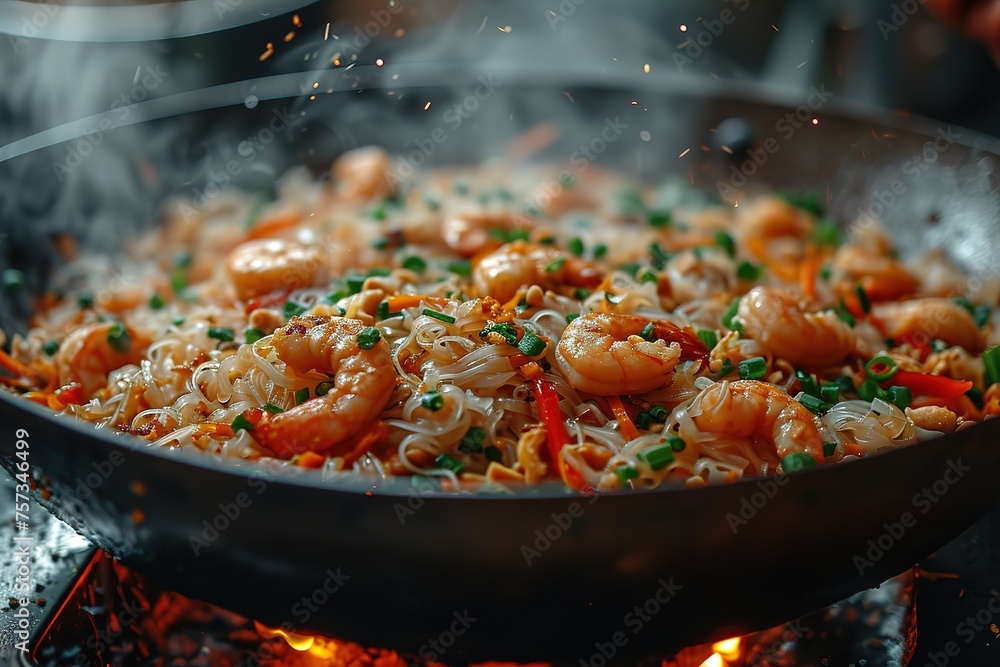 A street vendor in Bangkok, skillfully preparing and serving delicious pad Thai from a sizzling wok A street vendor in Bangkok, skillfully preparing and serving delicious pad Thai from a sizzling wok