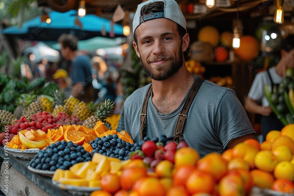 A street vendor selling fresh fruit smoothies in vibrant colors