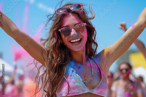 A woman wearing a bikini top and sunglasses enjoying the colorful festivities of the Holi Festival of Colors