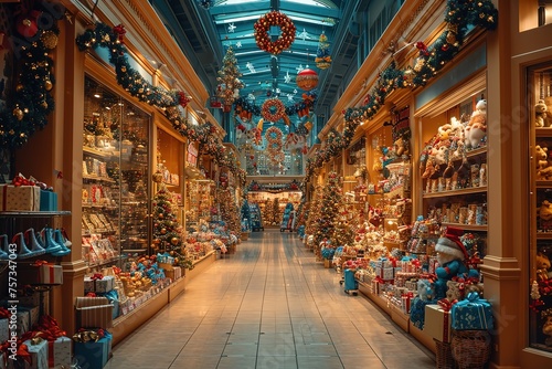 A toy store decorated for the holiday season with festive displays