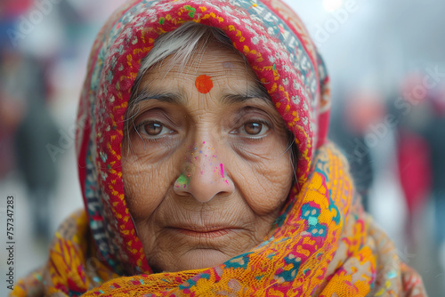 An elderly woman at the Holi Festival of Colors, dressed in traditional attire, wearing a vibrant head scarf