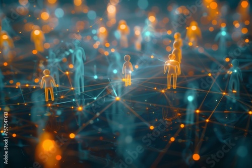 A network of interconnected figures, each representing different people connected in the style of glowing lines and nodes symbolizing communication between them Generative AI