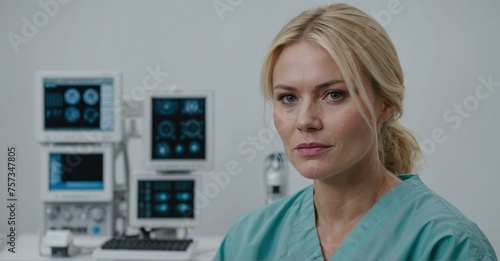 A capable blonde surgeon, cap in place, professionally showcased against a clean white background, skillfully photographed with the Canon EOS 7D Mark IV.