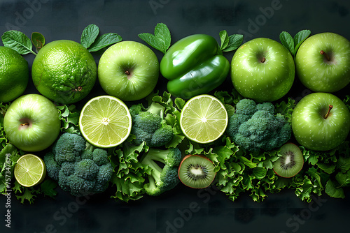 Group of Green Fruits and Vegetables on Black Background