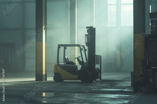 Industrial Solitude: A Lone Forklift Amidst Morning Light Rays Banner