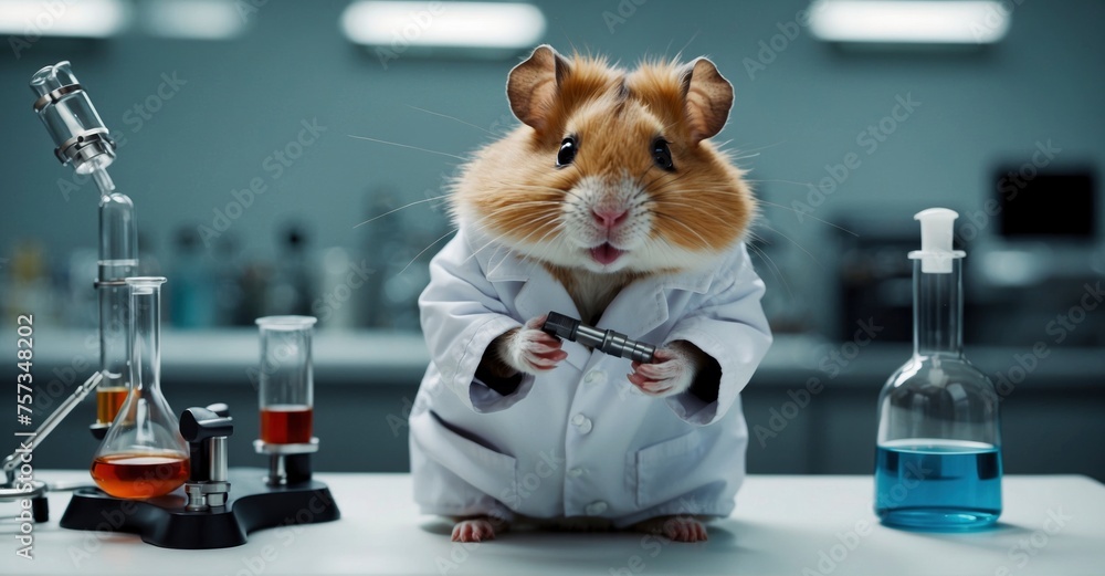 A scientist hamster, clad in a miniature lab coat, investigates a laboratory setting with beakers and test tubes, engrossed in the secrets revealed by a microscope A scientist hamster, clad in a miniature lab coat, investigates a laboratory setting with beakers and test tubes, engrossed in the secrets revealed by a microscope