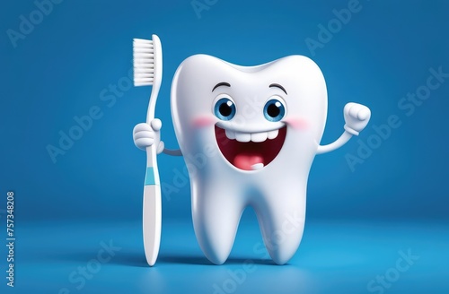 cartoon character of healthy tooth on colorful background holding toothbrush. pediatric stomatology.