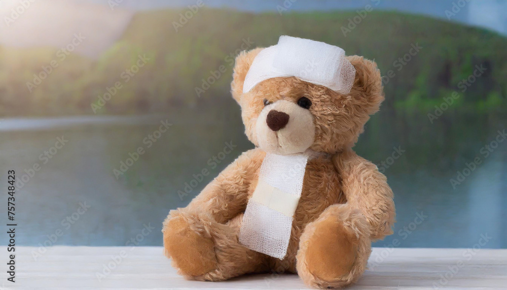 children's toy teddy bear sits with a bandaged head. Childhood trauma concept children's toy teddy bear sits with a bandaged head. Childhood trauma concept