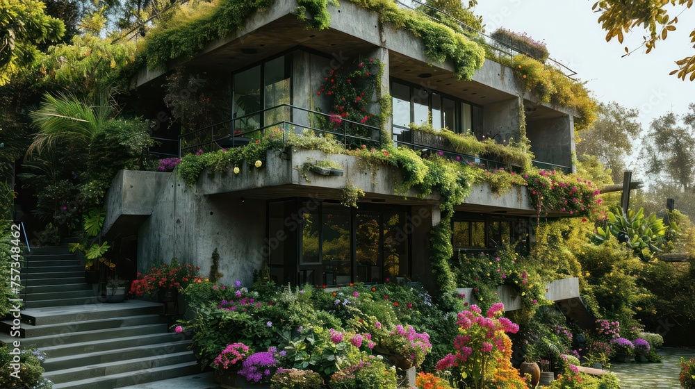 the synergy between modernity and nature with a concrete house featuring greenery-covered walls and a garden bursting with an array of vibrant flowers
