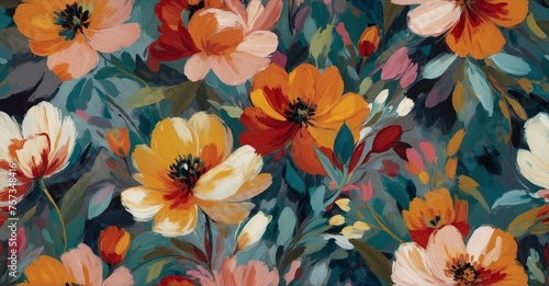 A unique and abstract interpretation of a floral pattern, with bold brushstrokes and a mix of vibrant and muted colors, rendered in an impressionist style