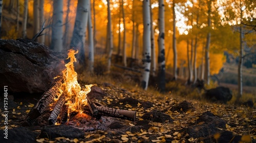 the tranquility of a bonfire in a serene aspen forest, with the golden leaves rustling in the gentle breeze and the flames adding a warm glow