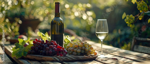 Rustic charm, a promotional vignette of an unlabeled bottle of wine, a glass, rural setting, grapes