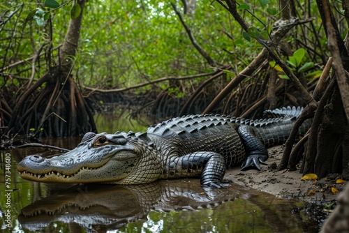 Jagged Alligator head. Tropical reptile wild. Generate Ai