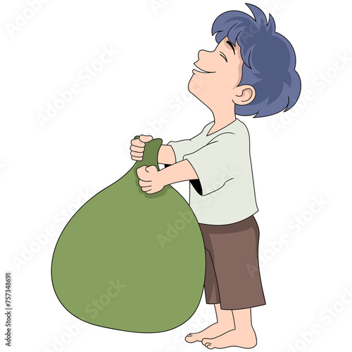 Ramadan cartoon doodle illustration of charity, a poor boy is receiving a large bag of wealth donations