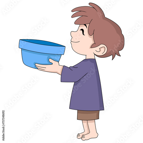 Ramadan cartoon doodle illustration of charity, a poor beggar little boy is carrying an empty bowl asking for help