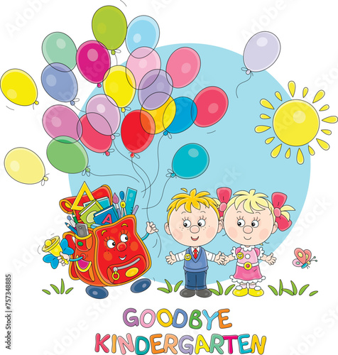 Goodbye kindergarten card with a happy little girl and boy and a funny cartoony schoolbag with balloons going from nursery school to primary school for start of classes, vector cartoon