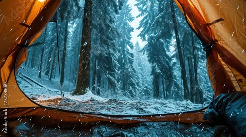 the tranquility of rain on a tent in a dense fir tree forest, with the raindrops adding a soothing melody to the ambiance of a winter evening