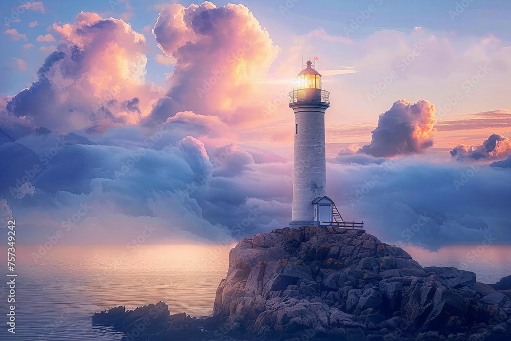 Majestic Lighthouse Beacon Shines Through Sunset Clouds: Inspirational Landscape Banner