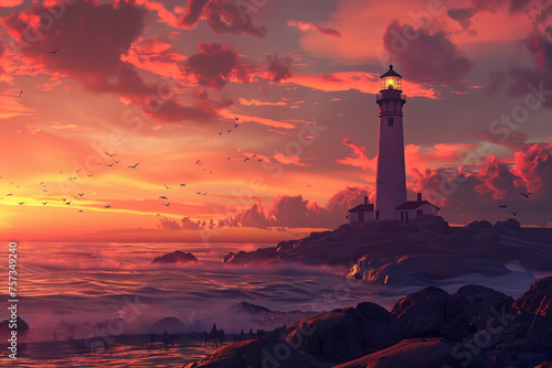 Serene Lighthouse Watch Over Waves at Vibrant Sunset Banner