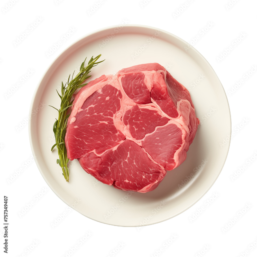 Raw beef steak with rosemary garnish on a clean white plate