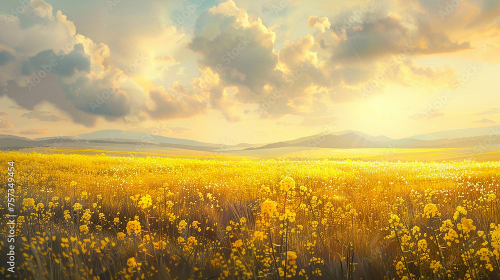 Canola flower field Canvas Dreamy Landscape in Golden Hour