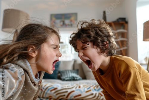Portrait of two angry little siblings arguing screaming