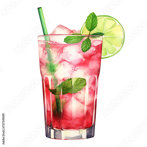 watercolor painting style a cooktail summer drink isolated on white background. Clipping path included.