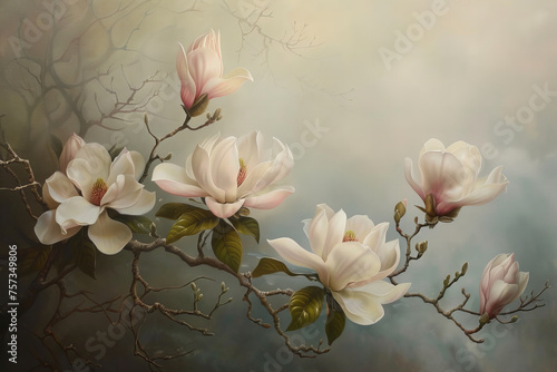 Tranquil Magnolia Blooms Adorning Misty Spring Morning Banner