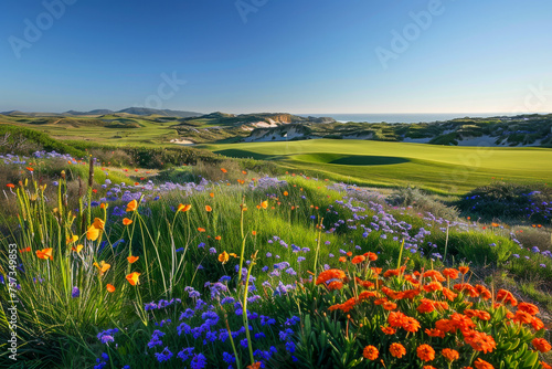 A picturesque golf green nestled among a vibrant mix of wildflowers  offering a striking contrast between manicured perfection and natural splendor