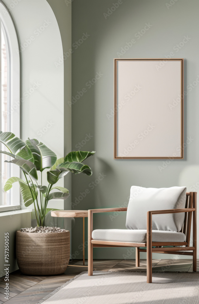 Fototapeta premium Living room, chair and home interior design with blank wall for apartment design and lifestyle. Cozy, modern and luxury furniture mockup space for art or frame for ideas and architecture inspiration