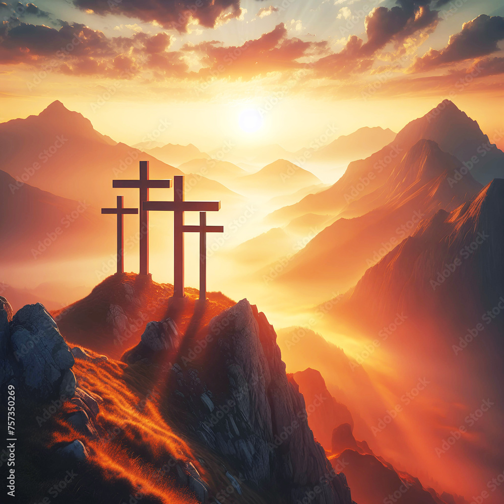 Three crosses on the top of the tall mountain at sunrise, three christian crosses on top of a Hill at sunset - Generative AI - obrazy, fototapety, plakaty 