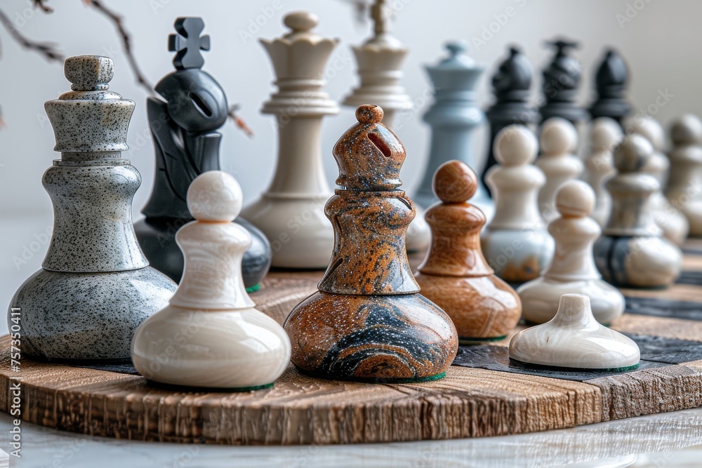 Stone chess pieces on a rustic board with a strategic arrangement Stone chess pieces on a rustic board with a strategic arrangement