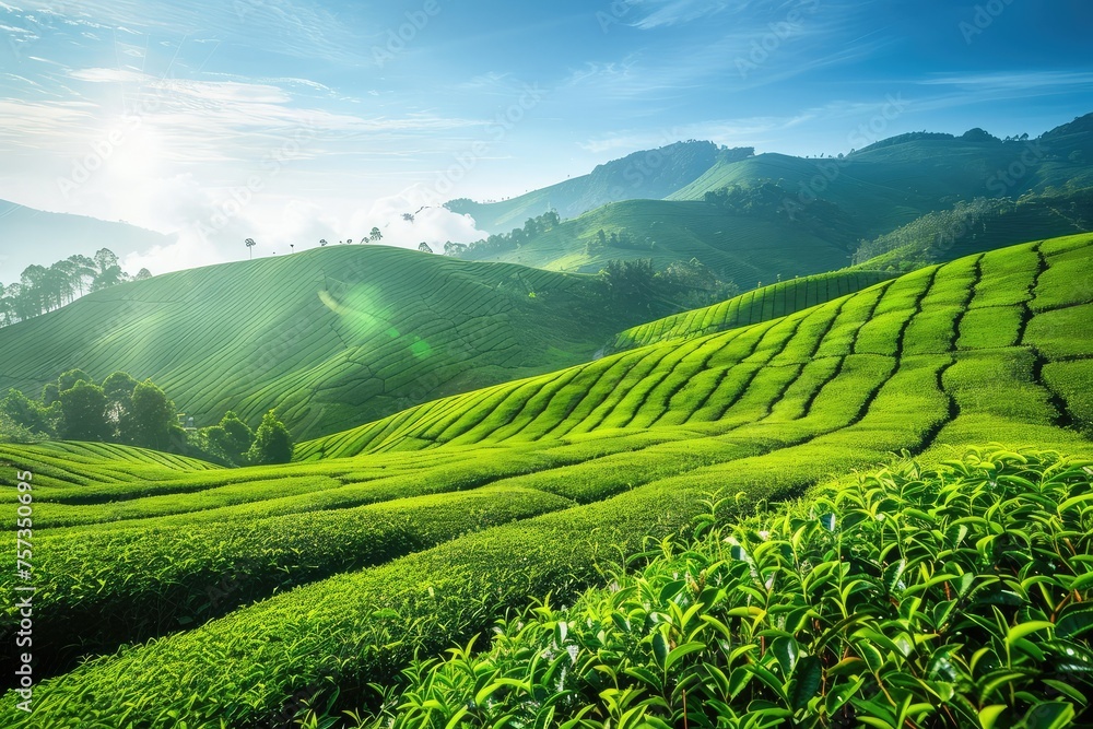 Aerial view of a lush green tea estate on rolling hills under a clear blue sky. Sunlight casting shadows on the hyper-realistic tea plantation, depicting the beauty of agriculture and nature