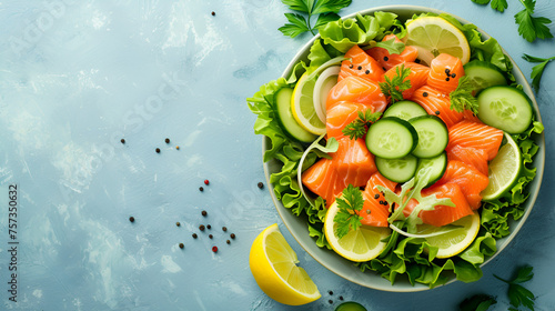 Salted salmon salad with fresh green lettuce,cucumbers. copy space. generative ai 